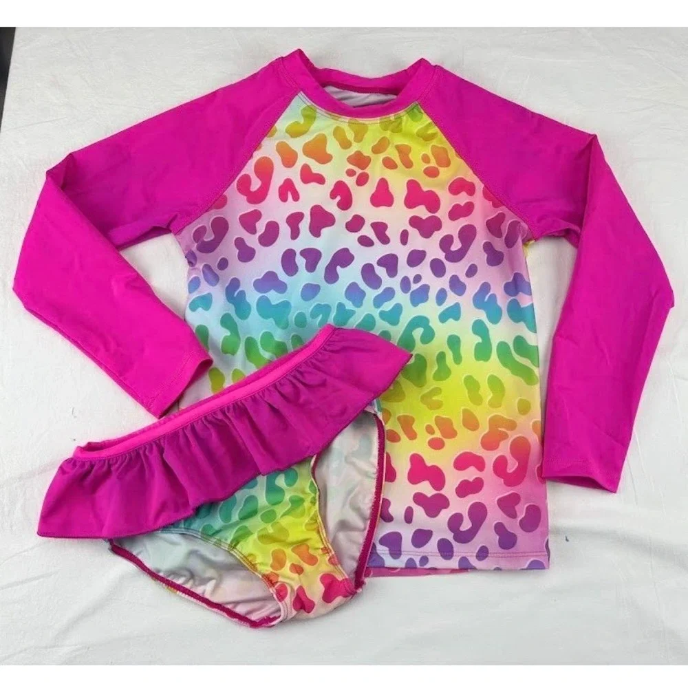 WhizBuzz Bathing Suit Girls 7 8 Rainbow Leopard Print Long‎ Sleeve Tankini 2pc